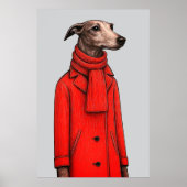Greyhound in Vivid Red Coat, Modern Drawing Poster (Voorkant)