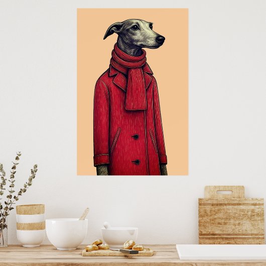 Greyhound in Winter Red Coat, Stylized Drawing Poster (Keuken)
