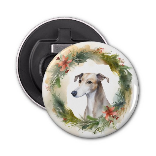 Greyhound Kerstkrans Feestelijke Pup Button Flesopener (Voorkant)