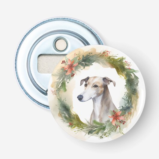 Greyhound Kerstkrans Festieve Pup Button Flesopener (Voorkant)