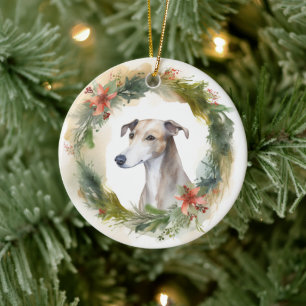 Greyhound Kerstkrans Festieve Pup Keramisch Ornament