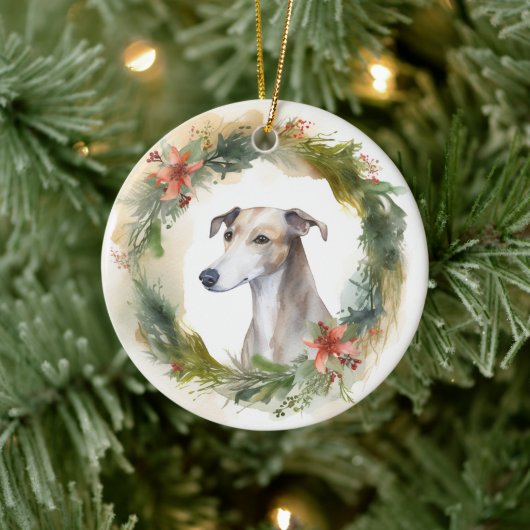 Greyhound Kerstkrans Festieve Pup Keramisch Ornament (Boom)