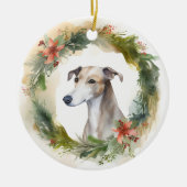 Greyhound Kerstkrans Festieve Pup Keramisch Ornament (Voorkant)