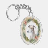Greyhound Kerstkrans Festieve Pup Sleutelhanger (Voorkant Links)