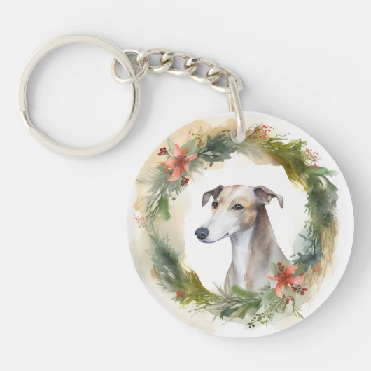 Greyhound Kerstkrans Festieve Pup Sleutelhanger (Voorkant)