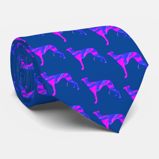 Greyhound Lurcher Dog Pink Silhouette Blauwe Hals Stropdas (Opgerold)