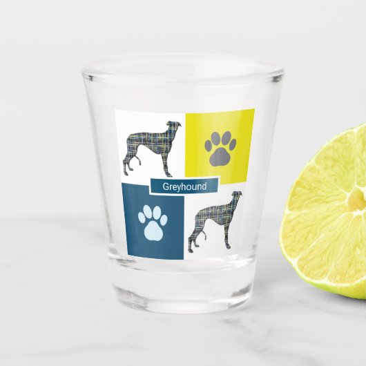 Greyhound/Lurcher Dog Silhouette & Paw Y&B Grid Shot Glas (Voorkant)