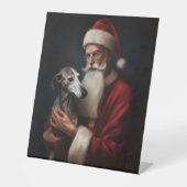 Greyhound Met Sinterklaas Feestelijke Kerstmis Reclamebord Met Voetstuk (Voorkant)