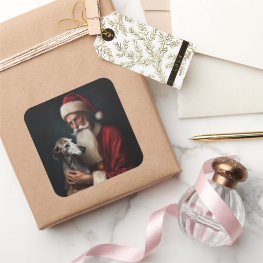 Greyhound Met Sinterklaas Feestelijke Kerstmis Vierkante Sticker (Geschenken)