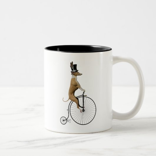 Greyhound op Black Penny Farthing Bike Tweekleurige Koffiemok (Rechts)