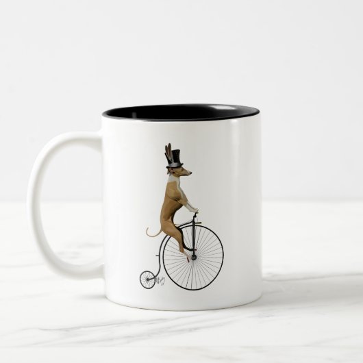 Greyhound op Black Penny Farthing Bike Tweekleurige Koffiemok (Links)