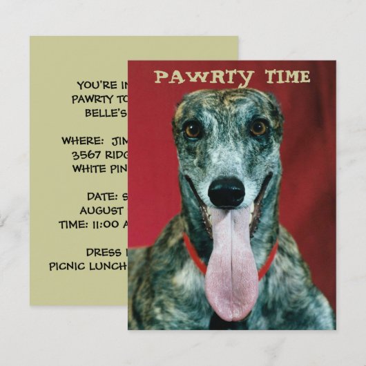 GREYHOUND PUP DOG PAWRTY ARTIJ INVITE INVITATION KAART (Voorkant / Achterkant)