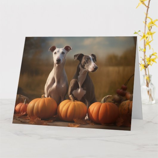Greyhound Puppy Herfst Delight Pompoen Kaart (Gele Bloem)
