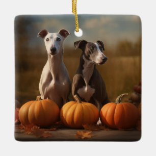 Greyhound Puppy Herfst Delight Pompoen Keramisch Ornament