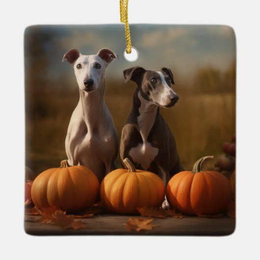 Greyhound Puppy Herfst Delight Pompoen Keramisch Ornament (Voorkant)
