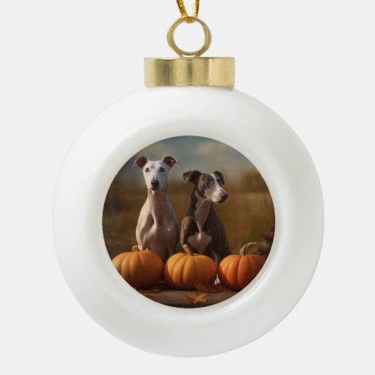 Greyhound Puppy Herfst Delight Pompoen Keramische Bal Ornament (Voorkant)