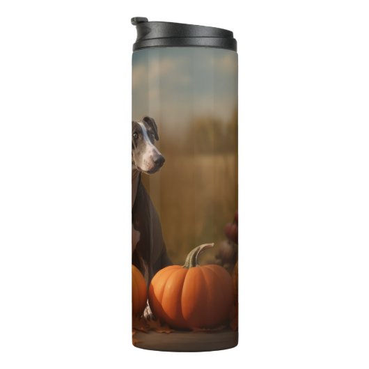 Greyhound Puppy Herfst Delight Pompoen Thermosbeker (Geroteerd rechts)