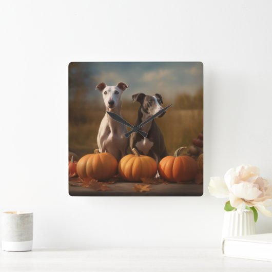 Greyhound Puppy Herfst Delight Pompoen Vierkante Klok (Huis)