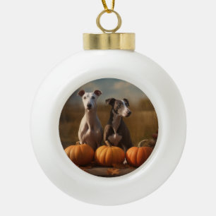 Greyhound Puppy Herfstpracht Pompoen Keramische Bal Ornament