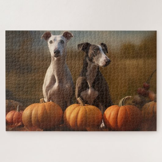Greyhound Puppy Herfstpracht Pompoen Legpuzzel (Horizontaal)