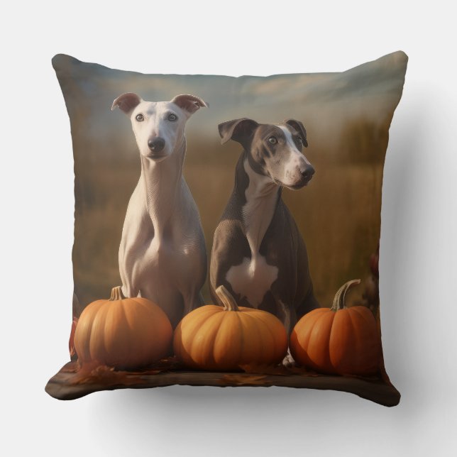 Greyhound Puppy Herfstvreugd Pompoen Kussen (Voorkant)