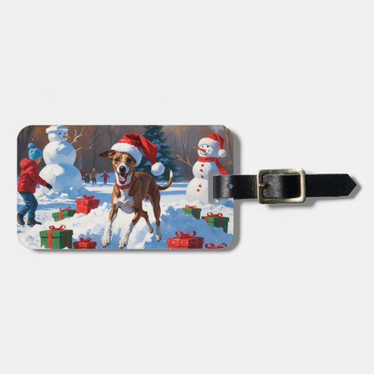 Greyhound Rent in de Sneeuw met Kerstmuts Bagagelabel (Voorkant horizontaal)