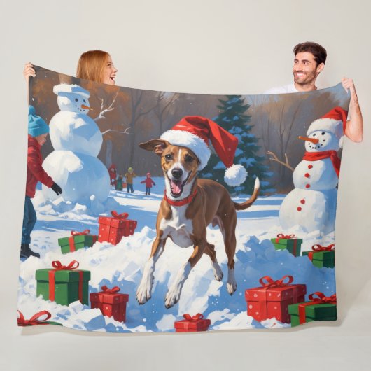 Greyhound Rent in de Sneeuw met Kerstmuts Fleece Deken (In situ)