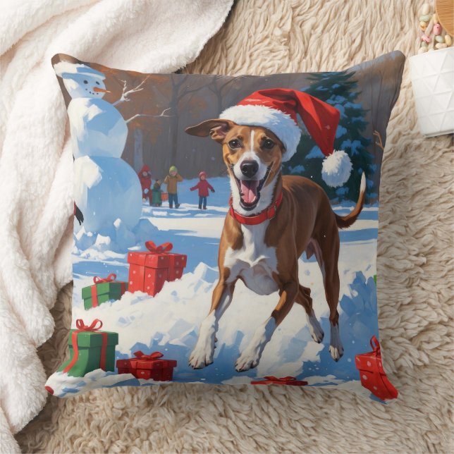 Greyhound Rent in de Sneeuw met Kerstmuts Kussen (Deken)