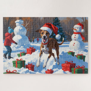 Greyhound Rent in de Sneeuw met Kerstmuts Legpuzzel