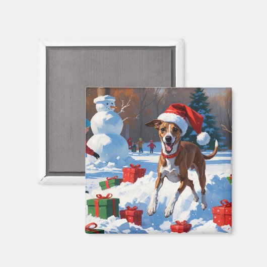 Greyhound Rent in de Sneeuw met Kerstmuts Magneet (Voorkant / Achterkant)