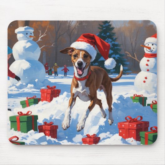 Greyhound Rent in de Sneeuw met Kerstmuts Muismat (Voorkant)