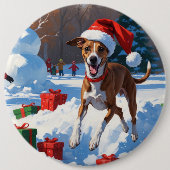 Greyhound Rent in de Sneeuw met Kerstmuts Ronde Button 6,0 Cm (Voorkant)