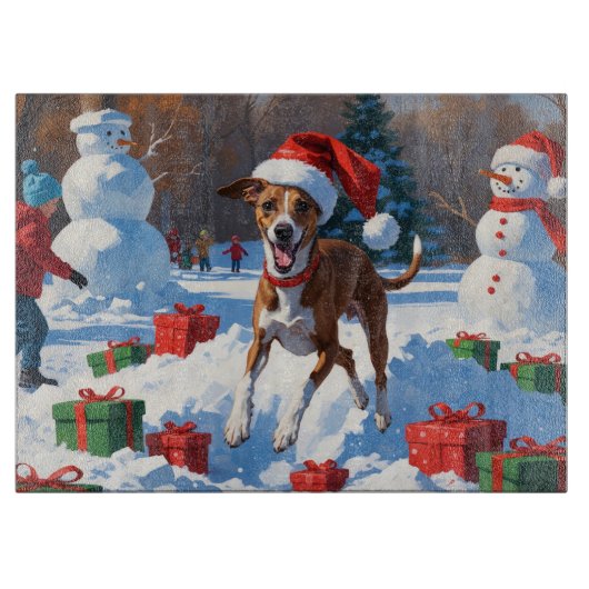 Greyhound Rent in de Sneeuw met Kerstmuts Snijplank (Voorkant)