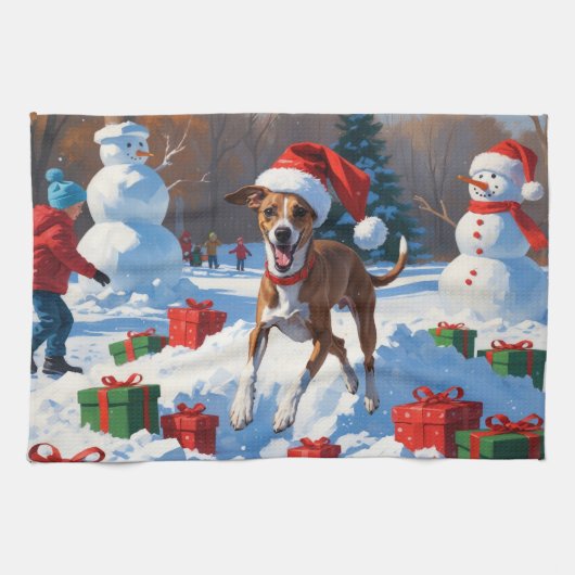 Greyhound Rent in de Sneeuw met Kerstmuts Theedoek (Horizontaal)