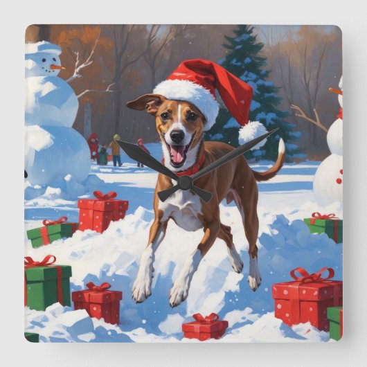 Greyhound Rent in de Sneeuw met Kerstmuts Vierkante Klok (Voorkant)