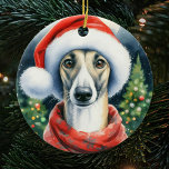Greyhound Santa Hat Waterverf Kerstmis Keramisch Ornament<br><div class="desc">Schattigee Waterverf Greyhound Dragen van een kerstmuts kerstversiering met  tinten en een kerstboom op de achtergrond. Het perfecte cadeau voor greyhound liefhebbers.</div>