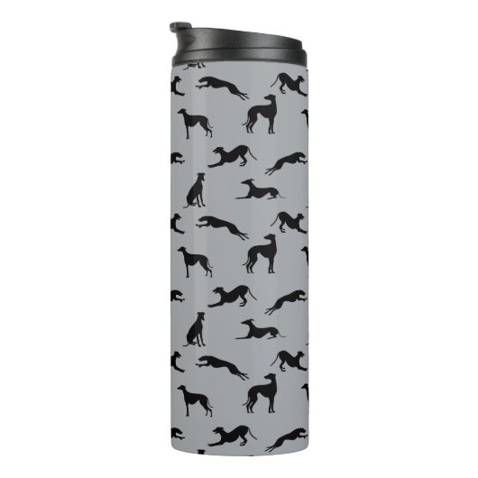 Greyhound Silhouettes Black op grijs Thermosbeker (Geroteerd rechts)