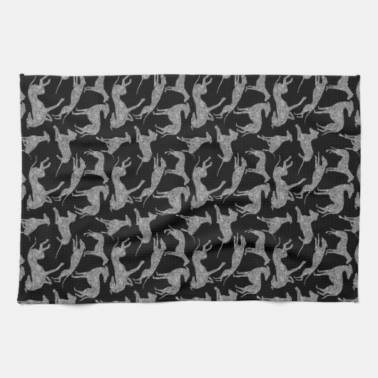 Greyhound Silhouettes Silver Faux Glitter Theedoek (Horizontaal)