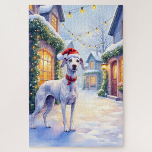 Greyhound Sneeuw Dorp Santa Hoed Kerst Kunst Legpuzzel