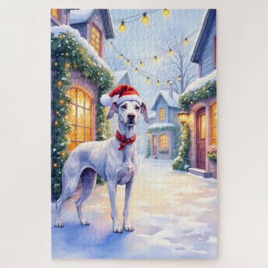 Greyhound Sneeuw Dorp Santa Hoed Kerst Kunst Legpuzzel (Verticaal)