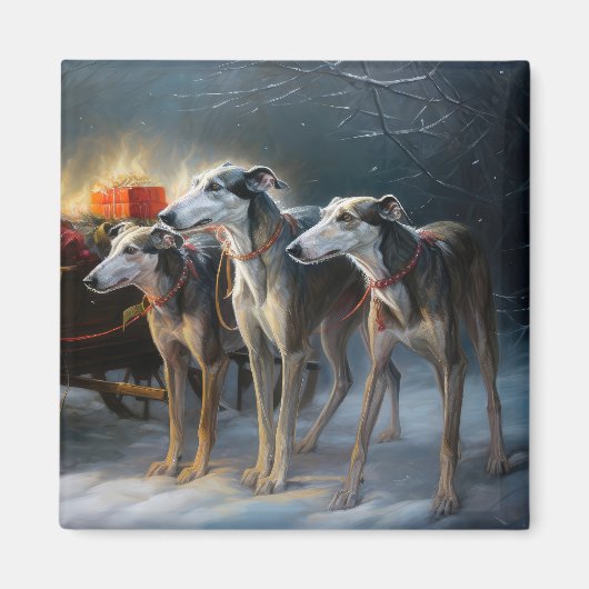 Greyhound Sneeuw Slede Kerst Decoratie Magneet (Voorkant)