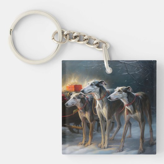 Greyhound Sneeuw Slede Kerst Decoratie Sleutelhanger (Voorkant)