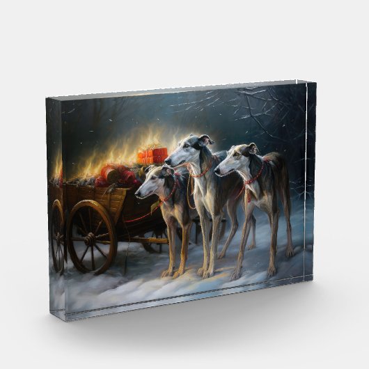 Greyhound Snowy Sleigh Kerstmisdecor Fotoblokken (Links)