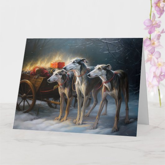 Greyhound Snowy Sleigh Kerstmisdecor Kaart (Orchidee)