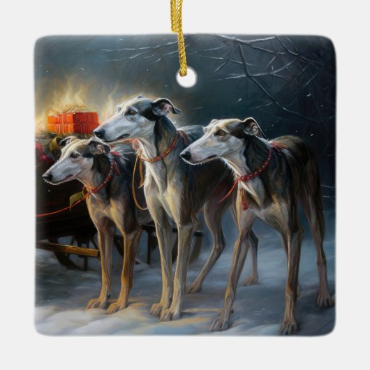 Greyhound Snowy Sleigh Kerstmisdecor Keramisch Ornament (Voorkant)