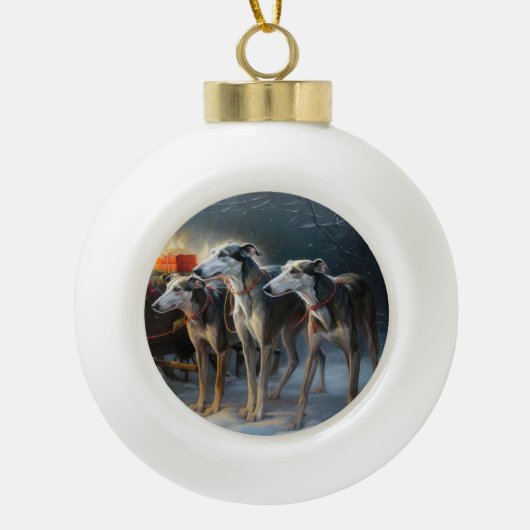 Greyhound Snowy Sleigh Kerstmisdecor Keramische Bal Ornament (Voorkant)