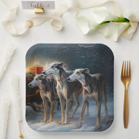 Greyhound Snowy Sleigh Kerstmisdecor Papieren Bordje (Huwelijk)