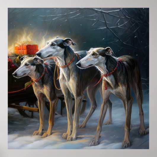 Greyhound Snowy Sleigh Kerstmisdecor Poster (Voorkant)