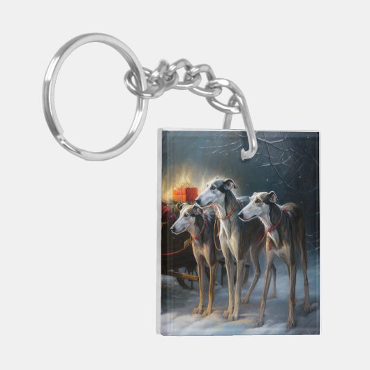 Greyhound Snowy Sleigh Kerstmisdecor Sleutelhanger (Voorkant Links)