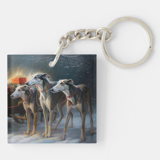 Greyhound Snowy Sleigh Kerstmisdecor Sleutelhanger (Achterkant)